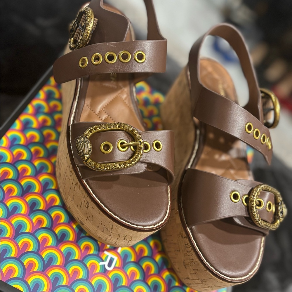 Brown Platform Sandals with Gold Buckles